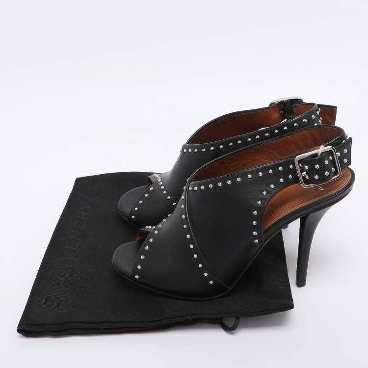 Pre Owned Givenchy Black Studded Leather Peep Toe Slingback Sandals Size 35.5