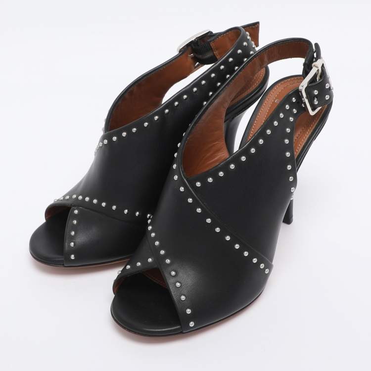 Pre Owned Givenchy Black Studded Leather Peep Toe Slingback Sandals Size 35.5