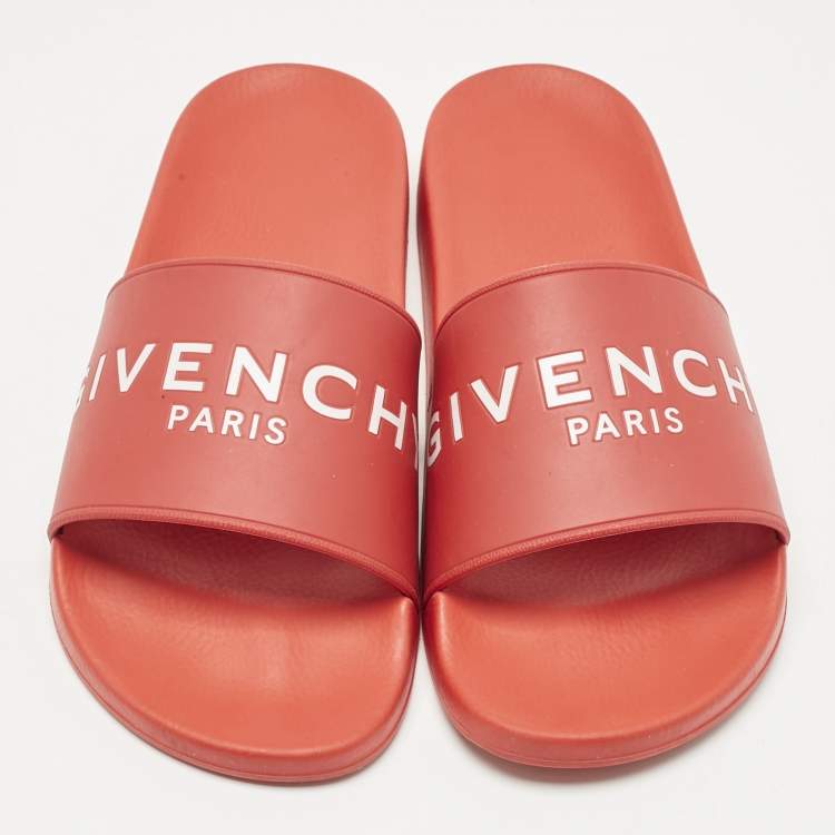 Pre Owned Givenchy Red Rubber Logo Pool Slides Size 41