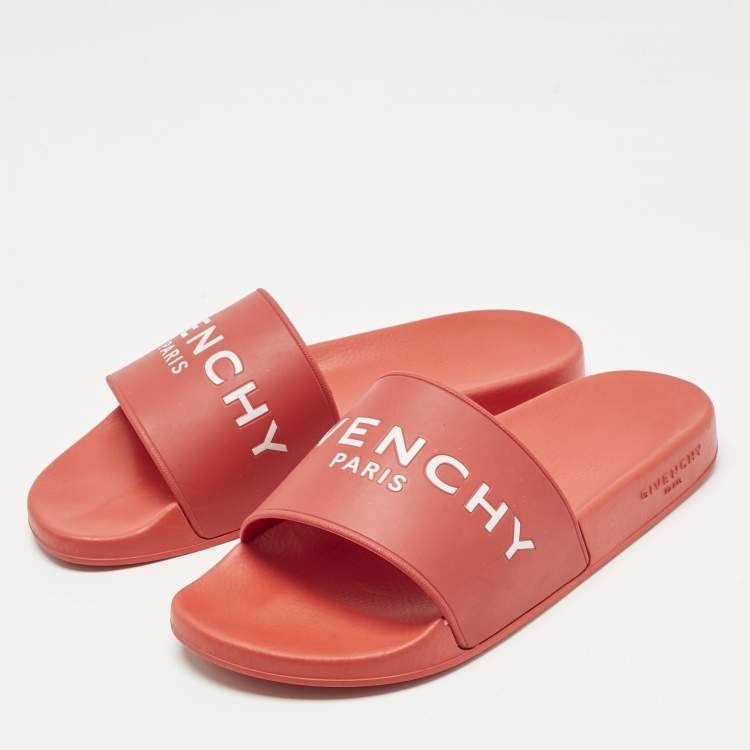 Pre Owned Givenchy Red Rubber Logo Pool Slides Size 41