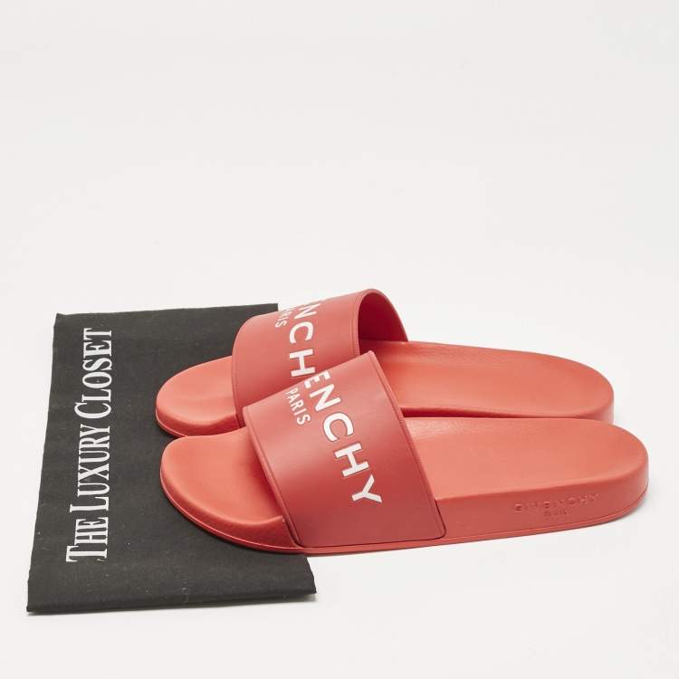 Pre Owned Givenchy Red Rubber Logo Pool Slides Size 41
