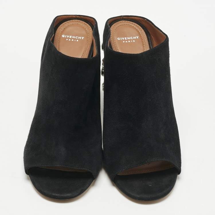 Pre Owned Givenchy Black Suede Crystal Embellished Block Heel Mules Size 40