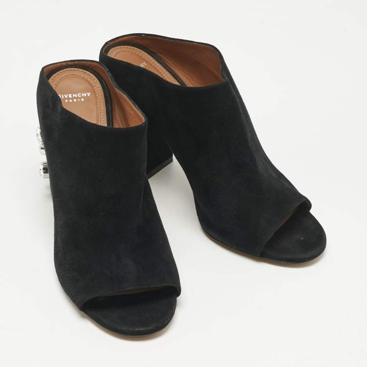 Pre Owned Givenchy Black Suede Crystal Embellished Block Heel Mules Size 40