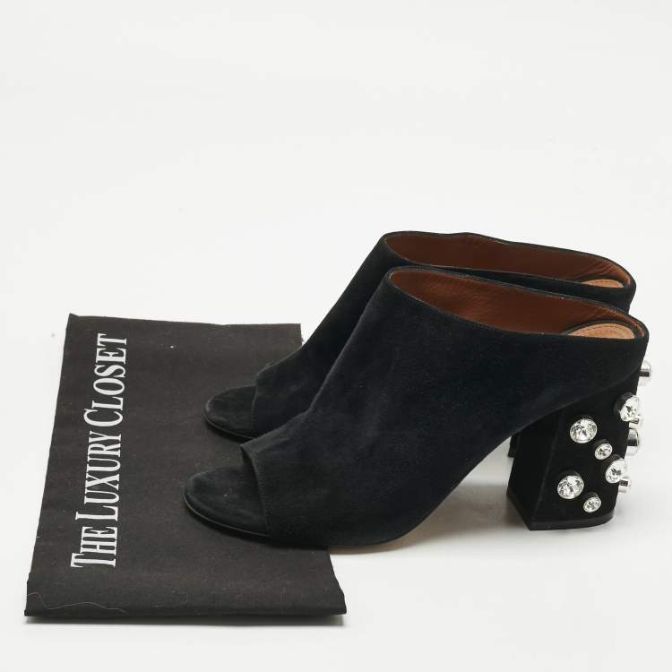 Pre Owned Givenchy Black Suede Crystal Embellished Block Heel Mules Size 40