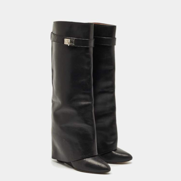 Pre Owned Givenchy Black Leather Shark Lock Wedge Knee High Boots Size 38