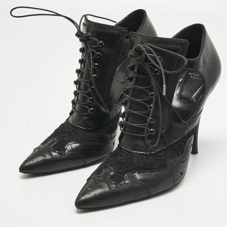 Pre Owned Givenchy Black Leather And Lace Pointed Toe Ankle Boots Size 40