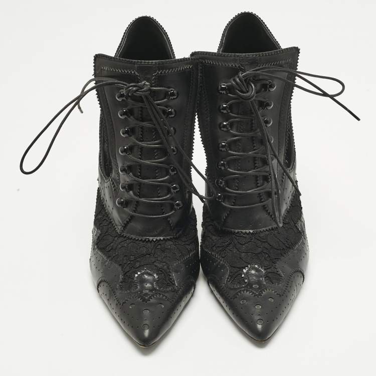 Pre Owned Givenchy Black Leather And Lace Pointed Toe Ankle Boots Size 40
