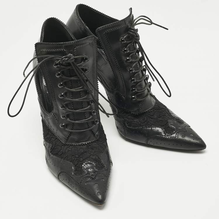 Pre Owned Givenchy Black Leather And Lace Pointed Toe Ankle Boots Size 40