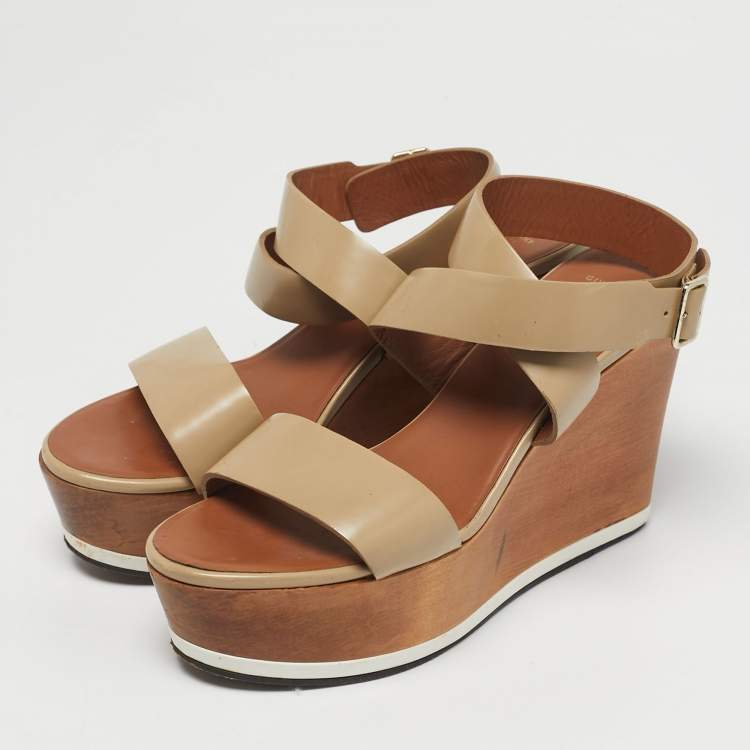 Pre Owned Givenchy Beige Leather Platform Wedge Sandals Size 39.5