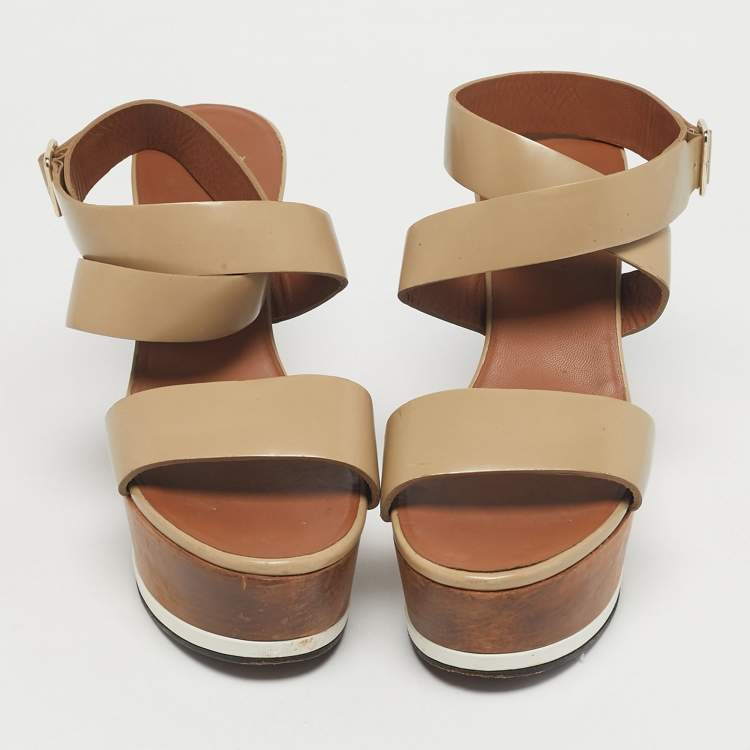 Pre Owned Givenchy Beige Leather Platform Wedge Sandals Size 39.5