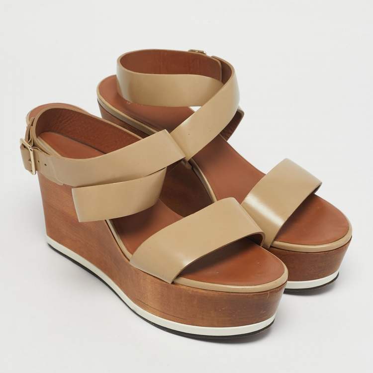 Pre Owned Givenchy Beige Leather Platform Wedge Sandals Size 39.5