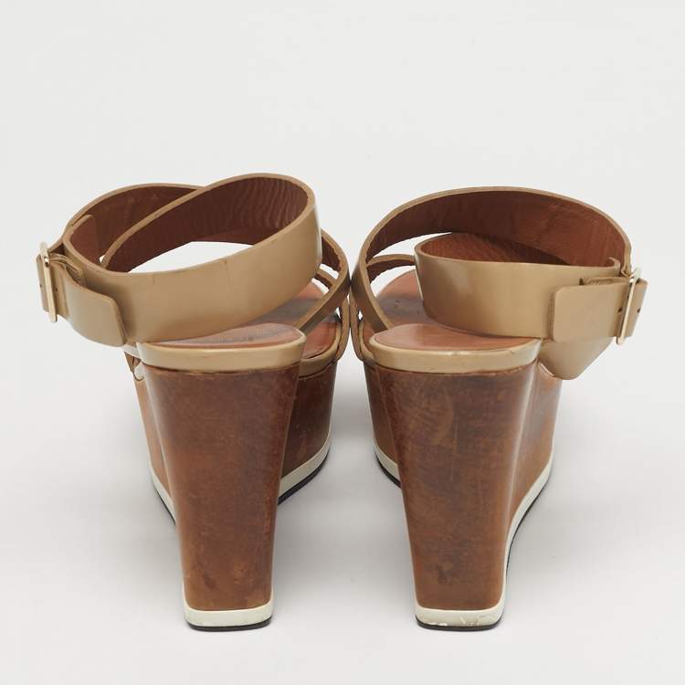 Pre Owned Givenchy Beige Leather Platform Wedge Sandals Size 39.5