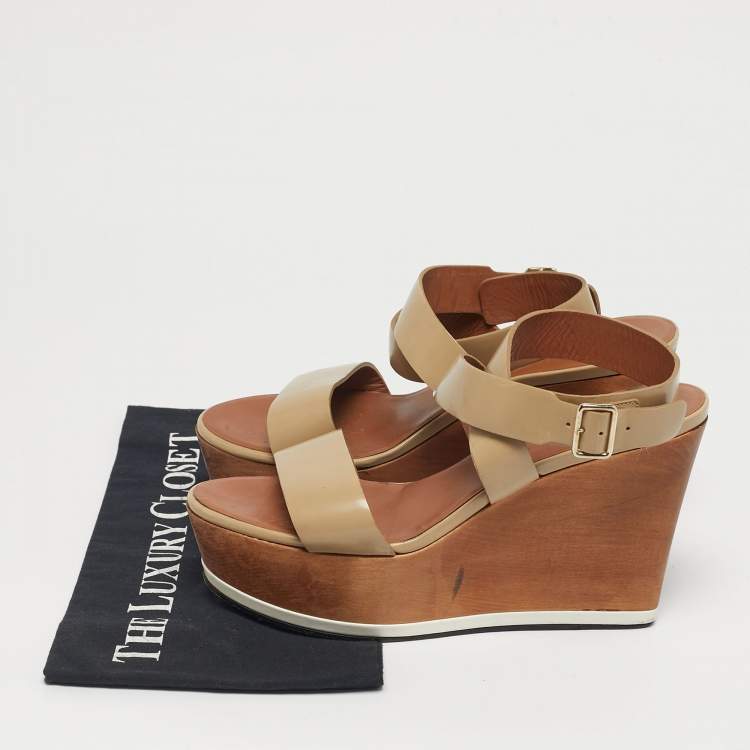 Pre Owned Givenchy Beige Leather Platform Wedge Sandals Size 39.5