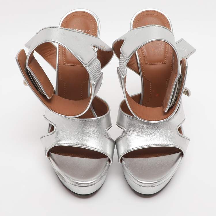 Pre Owned Givenchy Silver Leather Shark Lock Ankle Strap Sandals Size 36.5