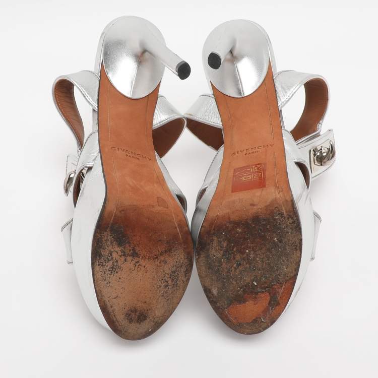 Pre Owned Givenchy Silver Leather Shark Lock Ankle Strap Sandals Size 36.5