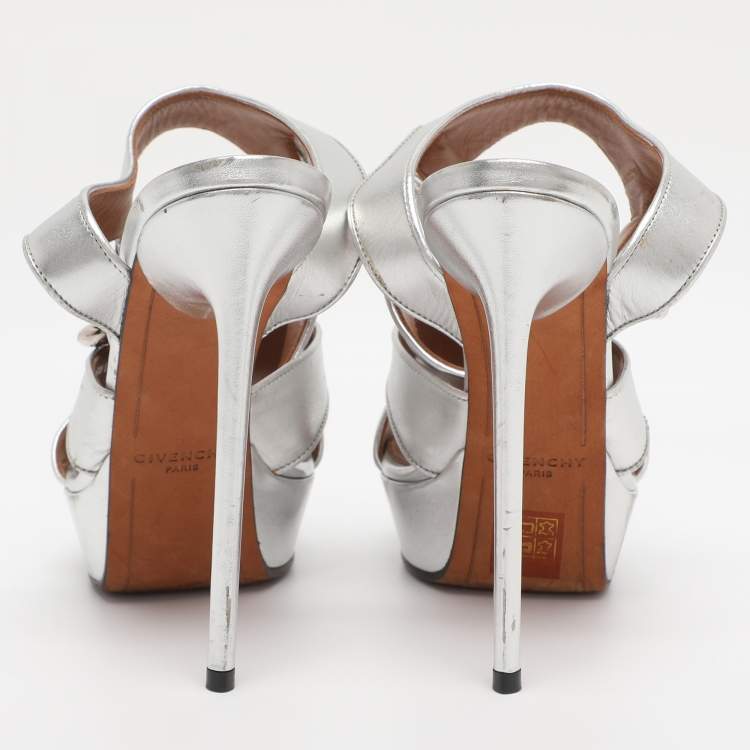 Pre Owned Givenchy Silver Leather Shark Lock Ankle Strap Sandals Size 36.5