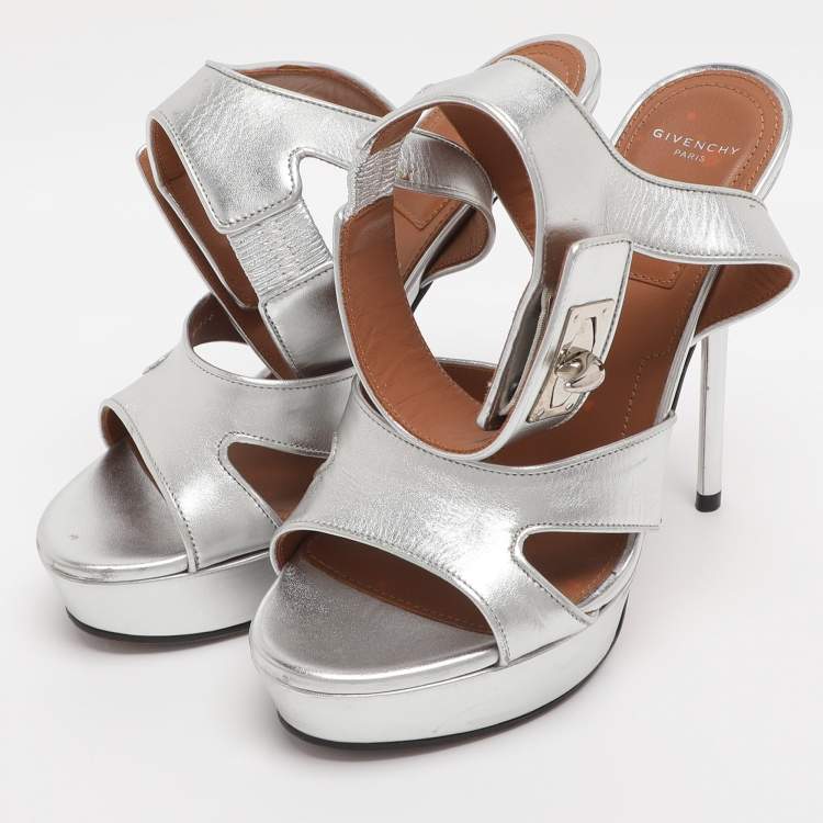 Pre Owned Givenchy Silver Leather Shark Lock Ankle Strap Sandals Size 36.5
