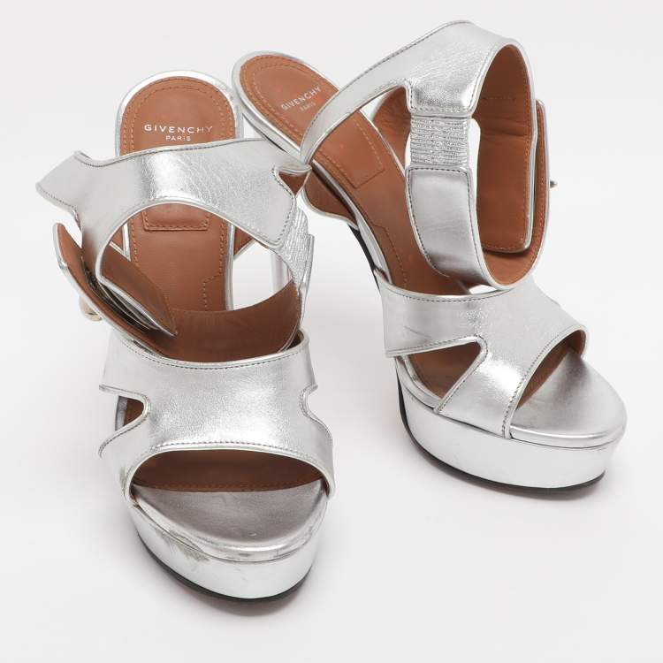 Pre Owned Givenchy Silver Leather Shark Lock Ankle Strap Sandals Size 36.5
