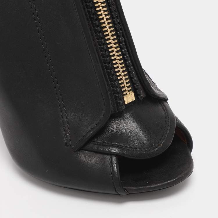 Pre Owned Givenchy Black Leather Zip Ankle Strap Peep Toe Booties Size 36