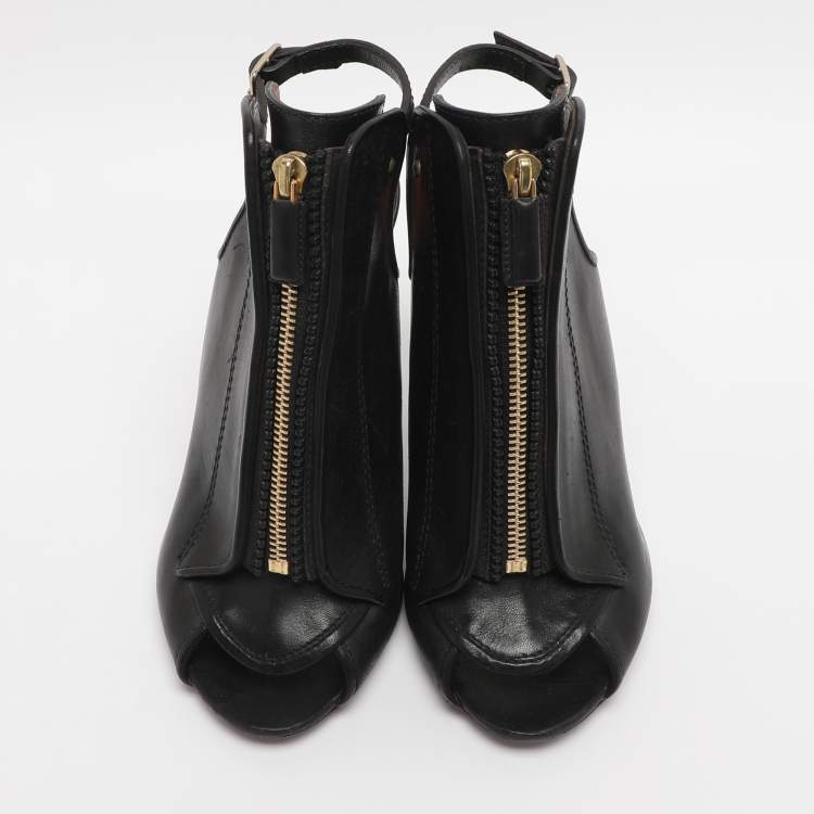 Pre Owned Givenchy Black Leather Zip Ankle Strap Peep Toe Booties Size 36