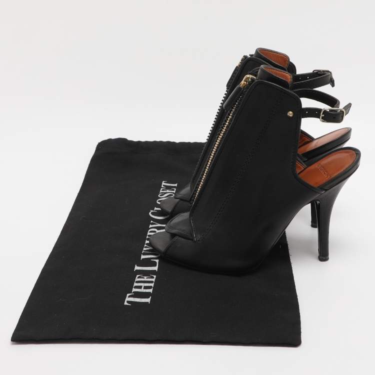 Pre Owned Givenchy Black Leather Zip Ankle Strap Peep Toe Booties Size 36