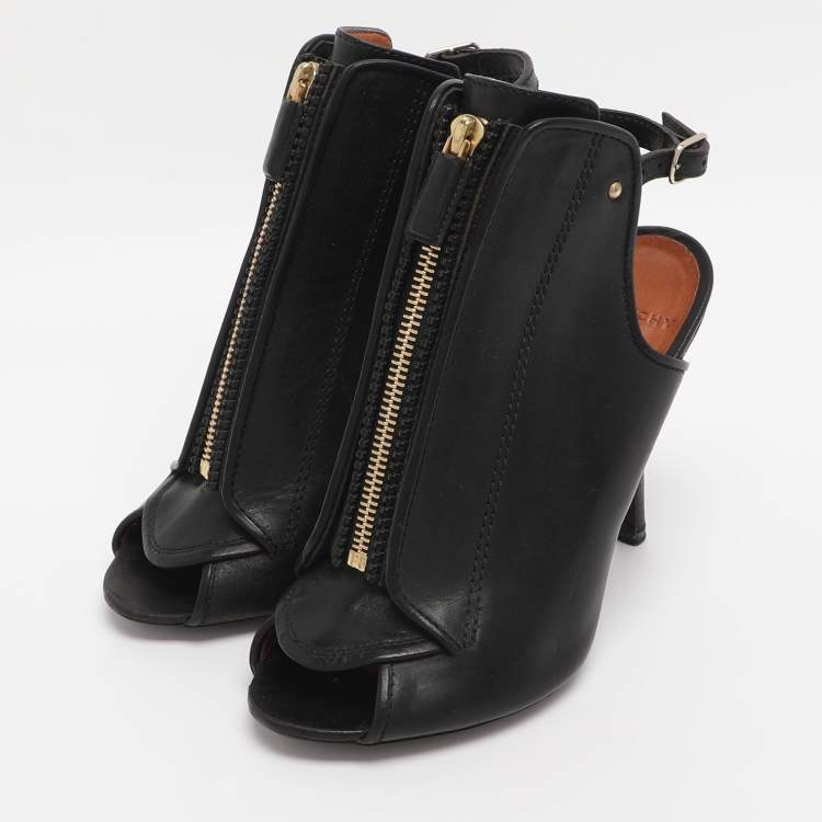 Pre Owned Givenchy Black Leather Zip Ankle Strap Peep Toe Booties Size 36