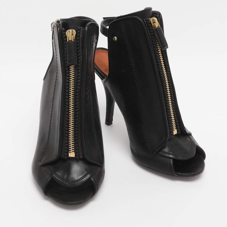 Pre Owned Givenchy Black Leather Zip Ankle Strap Peep Toe Booties Size 36