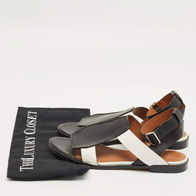 Pre Owned Givenchy Black/White Leather Ankle Strap Flat Sandals Size 37