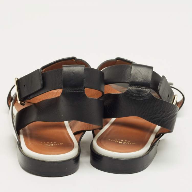 Pre Owned Givenchy Black/White Leather Ankle Strap Flat Sandals Size 37