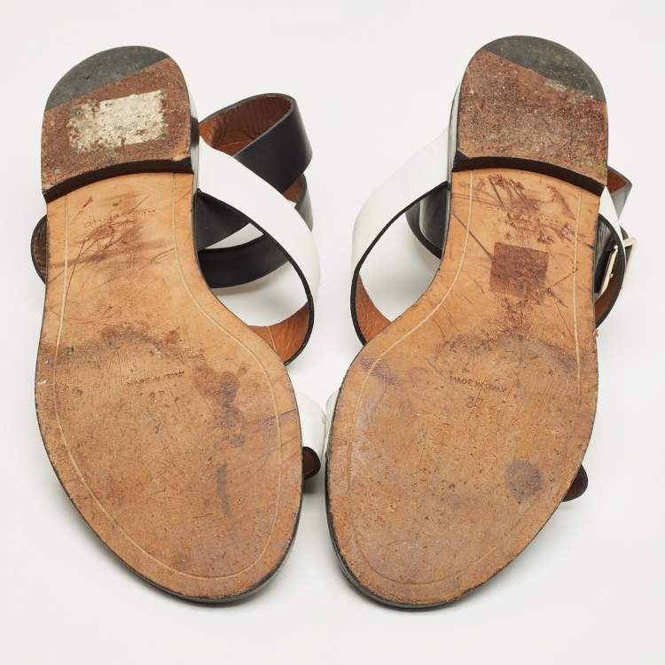 Pre Owned Givenchy Black/White Leather Ankle Strap Flat Sandals Size 37