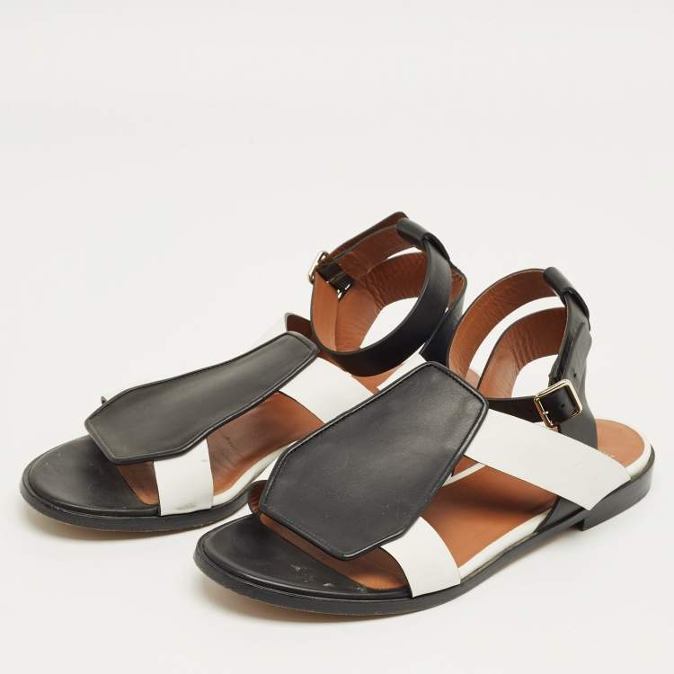 Pre Owned Givenchy Black/White Leather Ankle Strap Flat Sandals Size 37