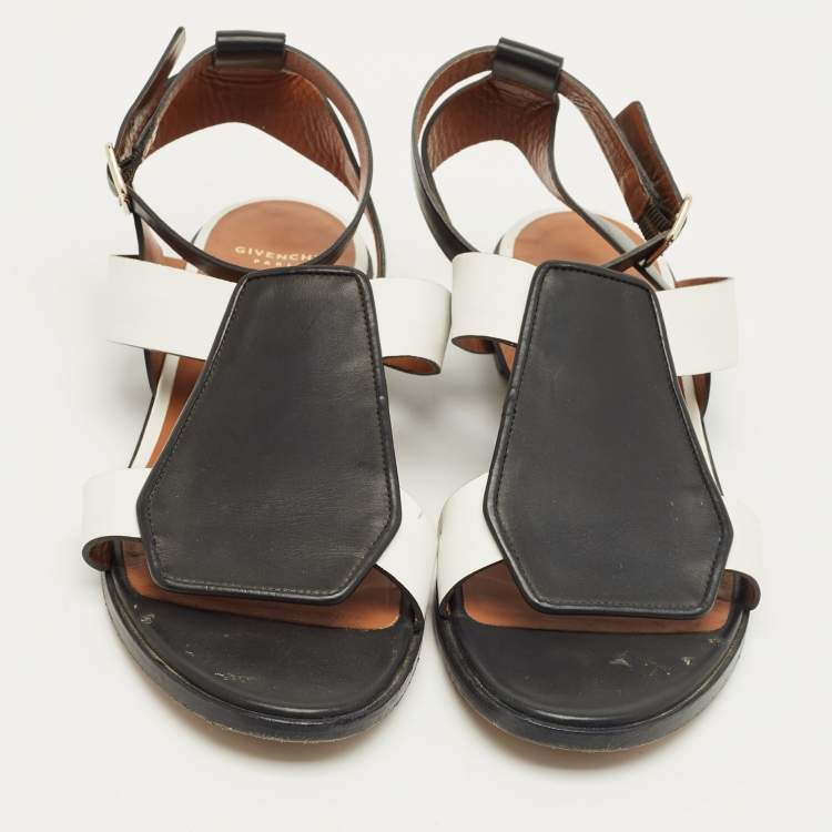Pre Owned Givenchy Black/White Leather Ankle Strap Flat Sandals Size 37