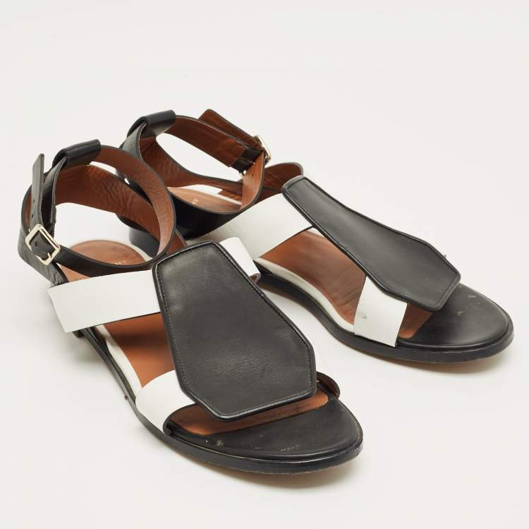 Pre Owned Givenchy Black/White Leather Ankle Strap Flat Sandals Size 37