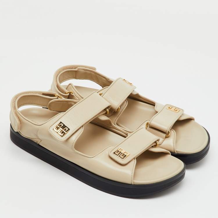 Pre Owned Givenchy Cream Leather 4G Ankle Strap Flat Sandals Size 39