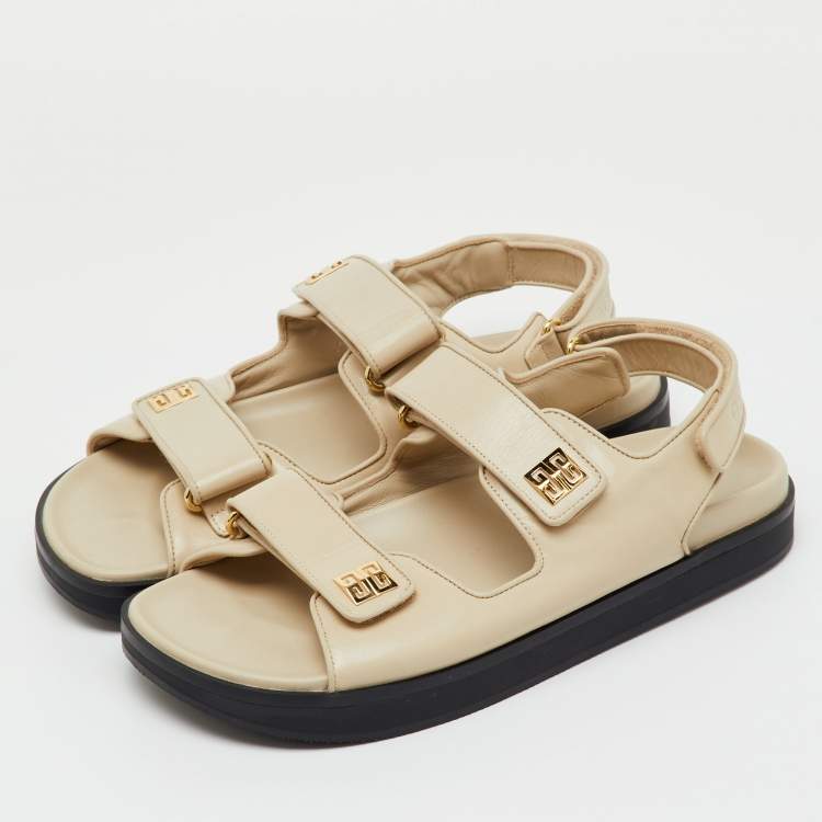 Pre Owned Givenchy Cream Leather 4G Ankle Strap Flat Sandals Size 39