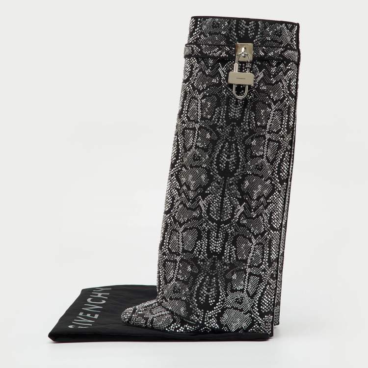 Pre Owned Givenchy Black Satin Snake Effect Crystal Embellished Shark Lock Knee Length Boots Size 38
