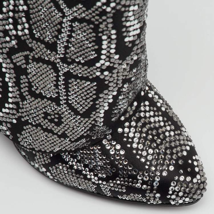 Pre Owned Givenchy Black Satin Snake Effect Crystal Embellished Shark Lock Knee Length Boots Size 38