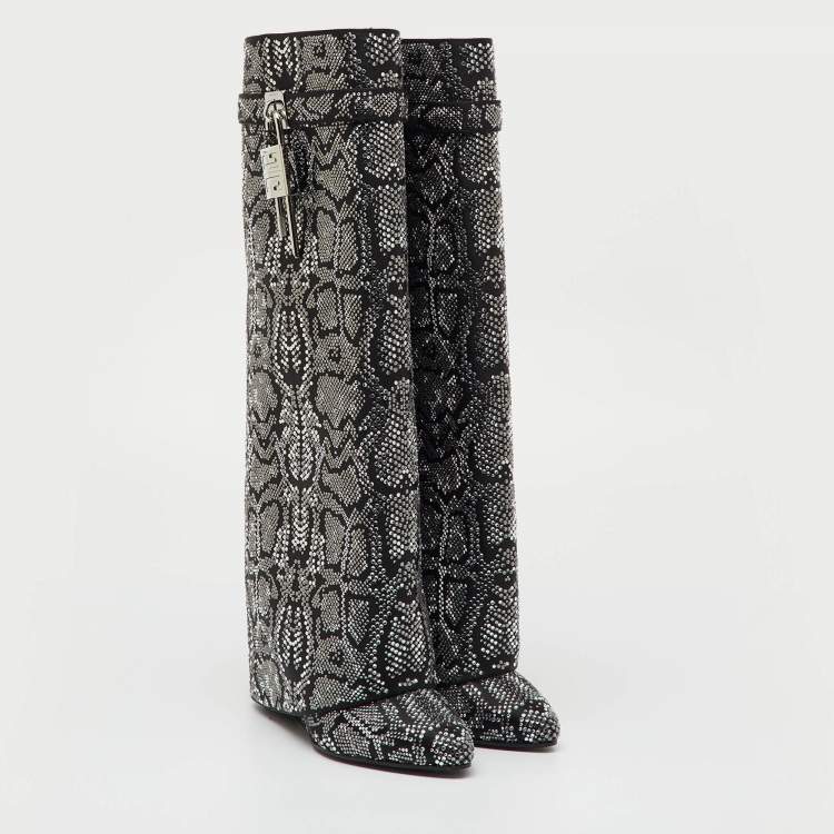 Pre Owned Givenchy Black Satin Snake Effect Crystal Embellished Shark Lock Knee Length Boots Size 38