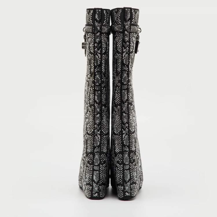 Pre Owned Givenchy Black Satin Snake Effect Crystal Embellished Shark Lock Knee Length Boots Size 38