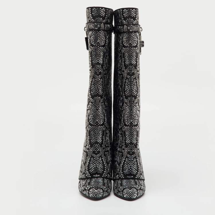 Pre Owned Givenchy Black Satin Snake Effect Crystal Embellished Shark Lock Knee Length Boots Size 38