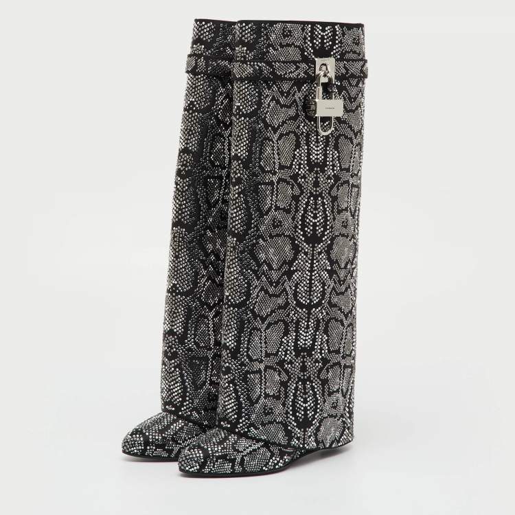 Pre Owned Givenchy Black Satin Snake Effect Crystal Embellished Shark Lock Knee Length Boots Size 38