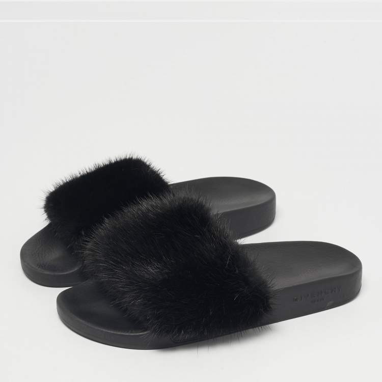 Pre Owned Givenchy Black Mink Fur Slide Sandals Size 37