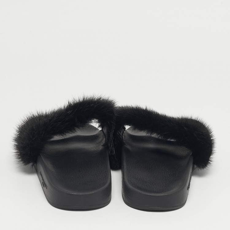 Pre Owned Givenchy Black Mink Fur Slide Sandals Size 37