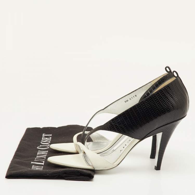 مملوكة مسبقًا Givenchy Open Toe Size 39 Black/White Lizard Embossed Leather D'orsay Sandals