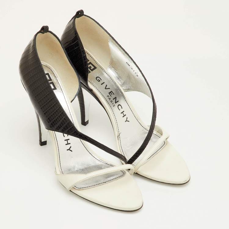 مملوكة مسبقًا Givenchy Open Toe Size 39 Black/White Lizard Embossed Leather D'orsay Sandals