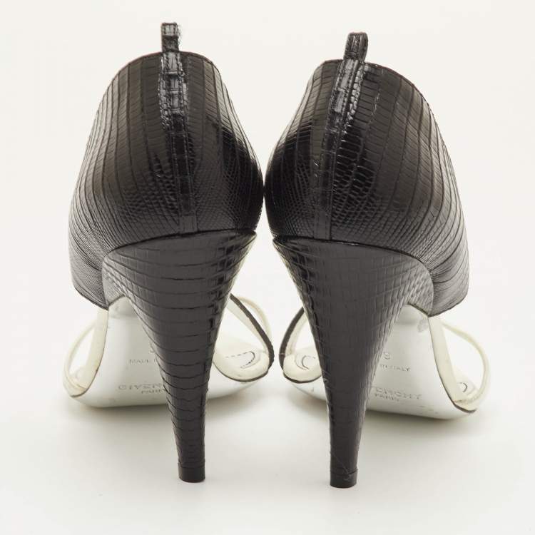 مملوكة مسبقًا Givenchy Open Toe Size 39 Black/White Lizard Embossed Leather D'orsay Sandals
