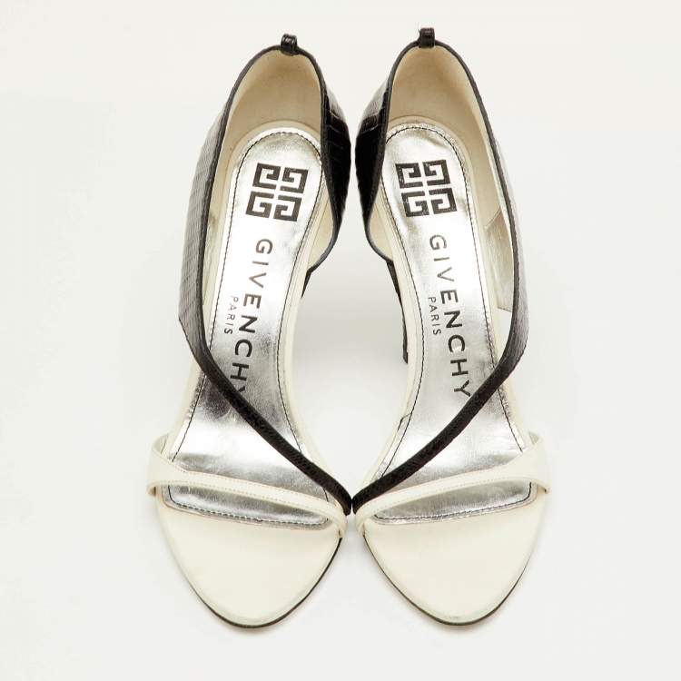 مملوكة مسبقًا Givenchy Open Toe Size 39 Black/White Lizard Embossed Leather D'orsay Sandals
