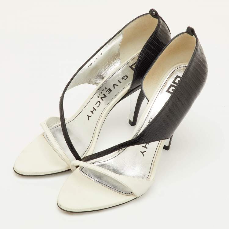 مملوكة مسبقًا Givenchy Open Toe Size 39 Black/White Lizard Embossed Leather D'orsay Sandals