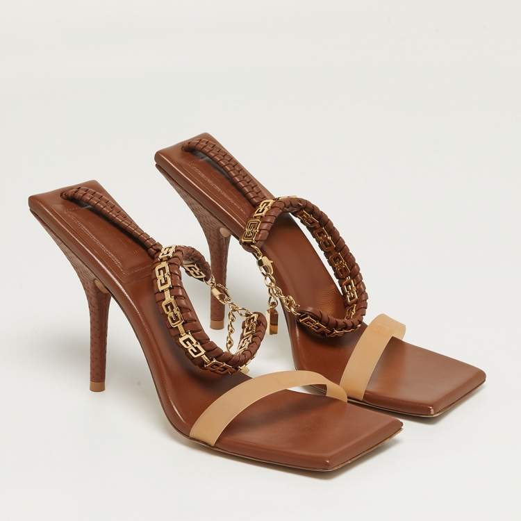 Pre Owned Givenchy 4G Size 39 Brown Woven Leather and Rubber Ankle Strap Sandals