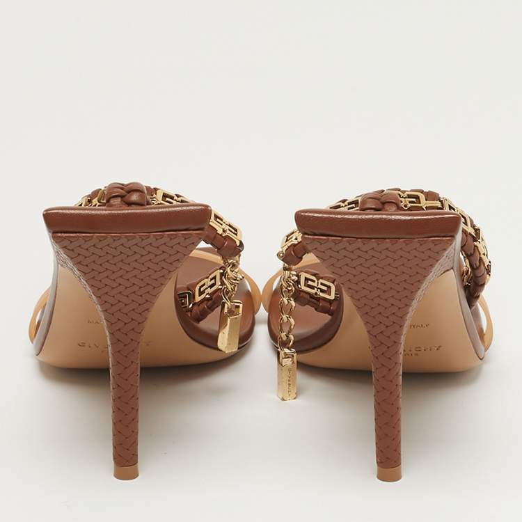 Pre Owned Givenchy 4G Size 39 Brown Woven Leather and Rubber Ankle Strap Sandals